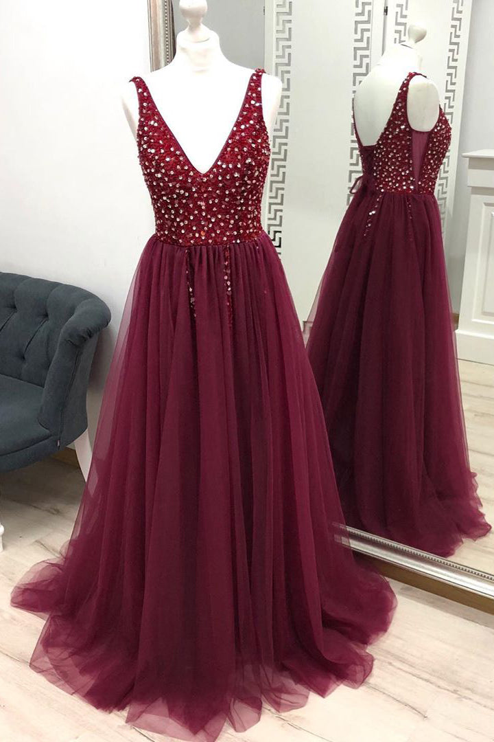 Flower Dress, V-Neck Beaded Long Tulle Burgundy Prom Dress