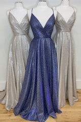 Party Dress Code Ideas, Sparkly V Neck Straps A-Line Long Prom Dress