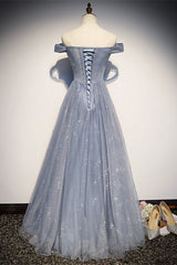 Bridesmaids Dress Long, Off the Shoulder Dusty Blue Formal Dress