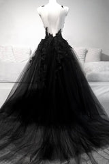 Homecoming Dress Bodycon, Black V-Neck Tulle Lace Long Prom Dresses, Black A-Line Evening Dresses