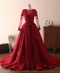 Formal Dresses For Woman, Burgundy Lace Satin Long Prom Dress, Burgundy Lace Evening Dress