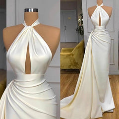 Evening Dress Sale, Ivory Halter Long Evening Prom Dress With Split Detachable Train