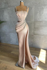 Evening Dress Store, Straps Beadings Long Mermaid Prom Dress Split Evening Gowns