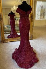 Bridesmaid Dresses Summer, Off the Shoulder Burgundy Sequins Mermaid Long Formal Dress