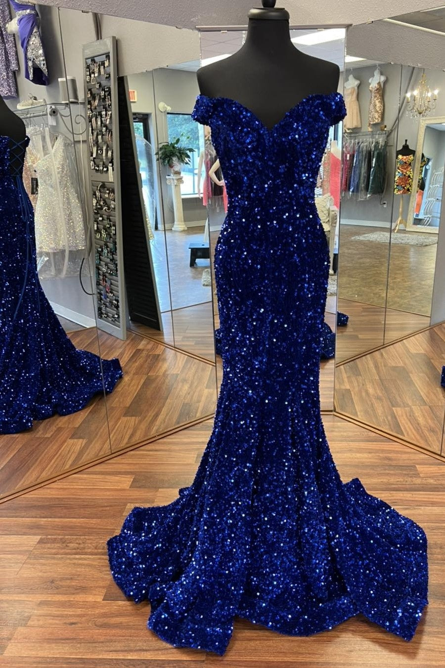 Bridesmaid Dress Trends, Off the Shoulder Royal Blue Sequins Mermaid Long Formal Dress