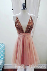 Evening Dress Gold, Deep V-neck Spaghetti Straps Sleeveless Sequins Short Prom Dresses, Homecoming Dresses