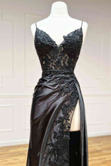 Bridesmaid Dresses Color Scheme, Black Long Appliques Prom Dress with Spaghetti Straps