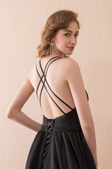 Wedding Pictures Ideas, A-Line Black V-neck Satin Backless Trail Prom Dresses