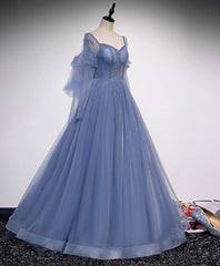 Formal Dresses For Wedding, A line Blue Long Prom Dress, Blue Formal Graduation Dress with Beading