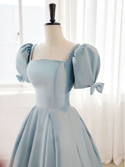 Evening Dresses Formal, A-Line Blue Satin Puffy Sleeve Long Prom Dress, Blue Formal Dresses