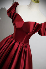 Prom Dresses Online, A-Line Burgundy Satin Floor Length Prom Dress, Off the Shoulder New Party Dress