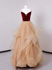 Prom Dresse Long, A-Line Champagne Tulle Long Prom Dresses, Velvet Graduation Dresses with Beading