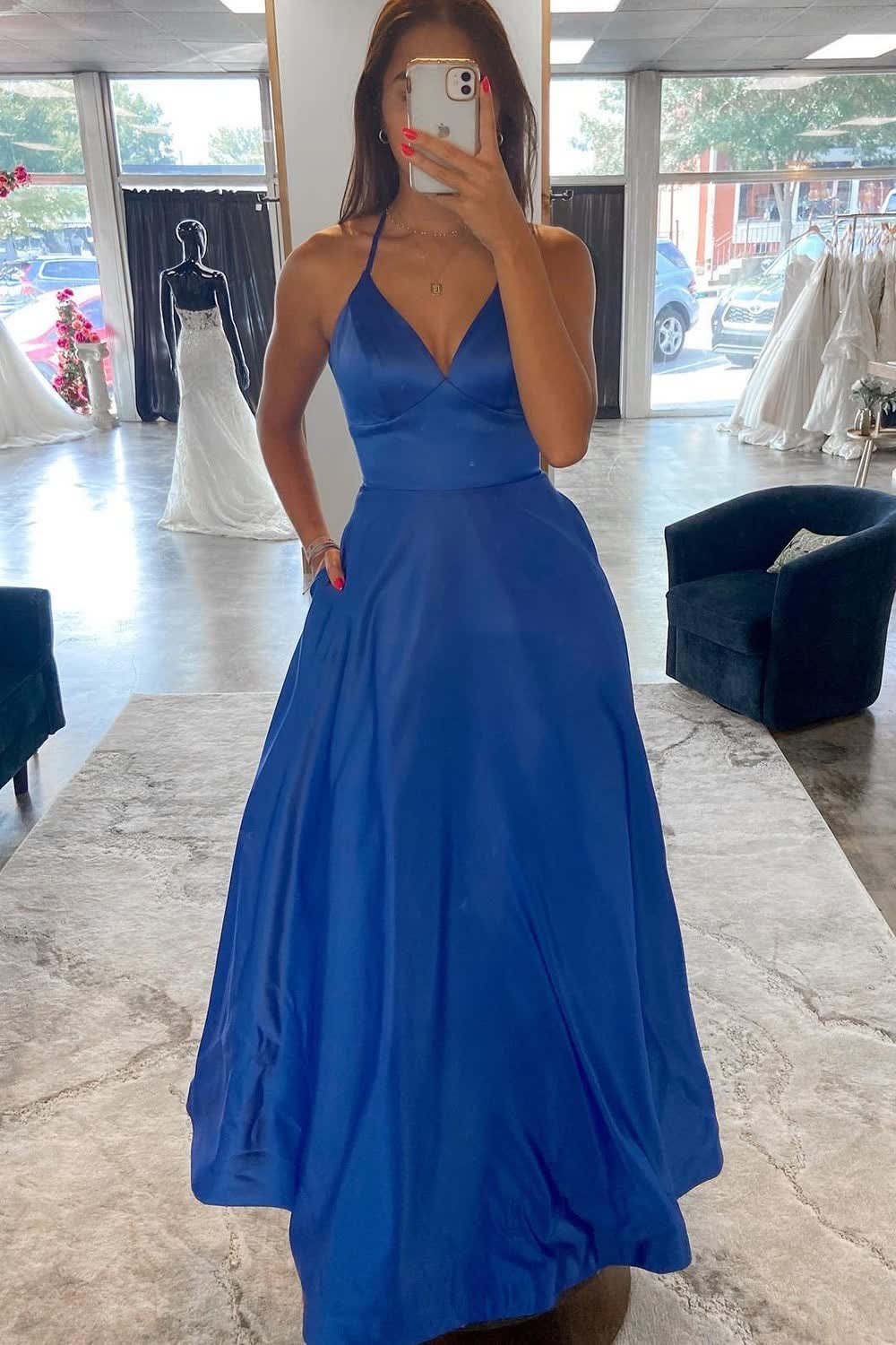 A Line Halter Blue Long Prom Dress with Criss Cross Back