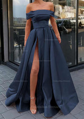 Beach Wedding, A-line Off-the-Shoulder Sleeveless Long/Floor-Length Satin Prom Dress With Split