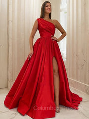 Prom Dress Places Near Me, A-Line/Princess One-Shoulder Sweep Train Satin Prom Dresses With Leg Slit