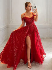 Homecoming Dress Elegant, A-Line/Princess Spaghetti Straps Sweep Train Prom Dresses With Leg Slit