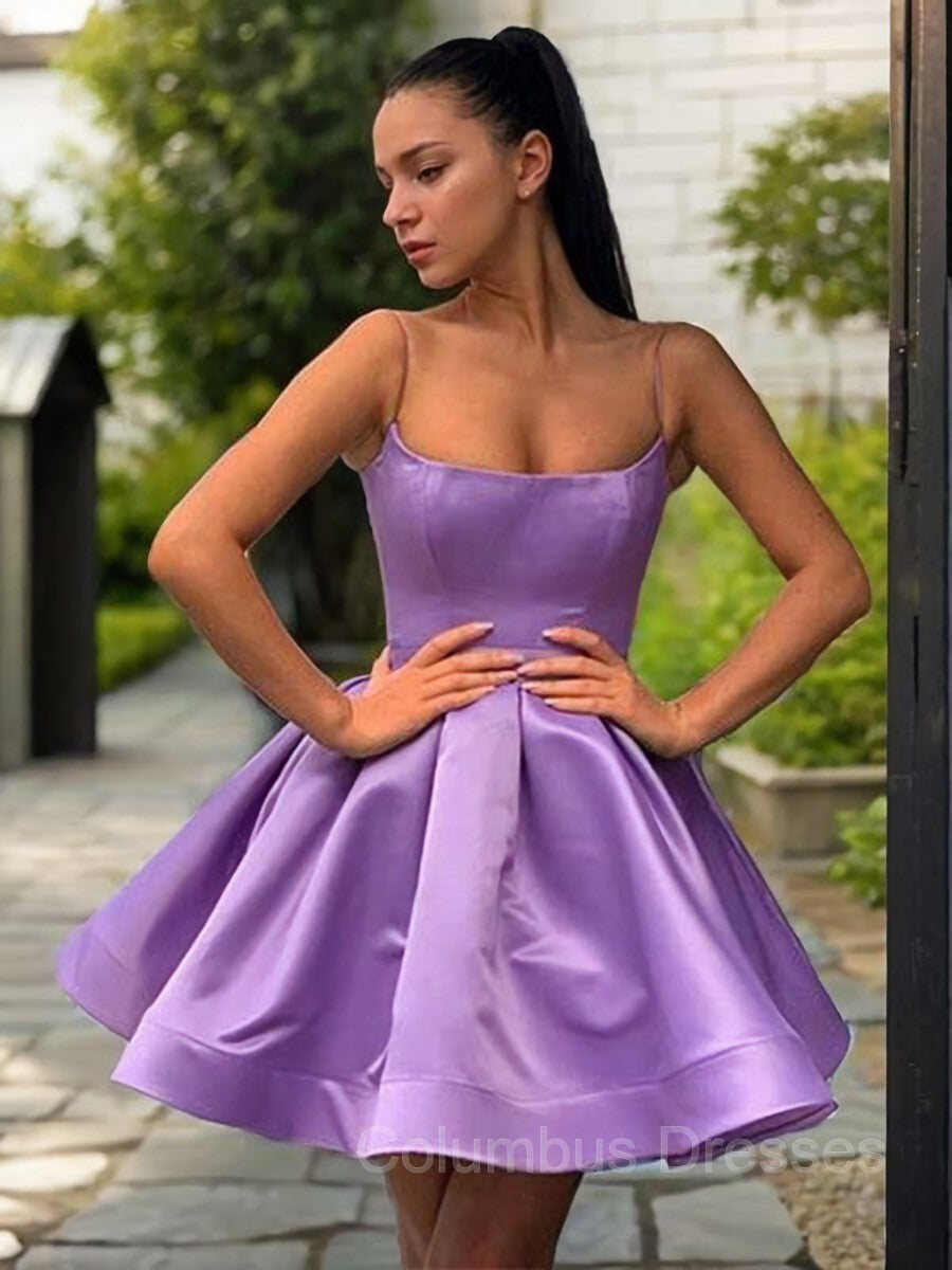 Prom Dresses Pattern, A-Line/Princess Square Short/Mini Satin Homecoming Dresses With Ruffles