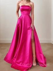 Strapless Prom Dress, A-Line/Princess Strapless Sweep Train Satin Prom Dresses With Leg Slit