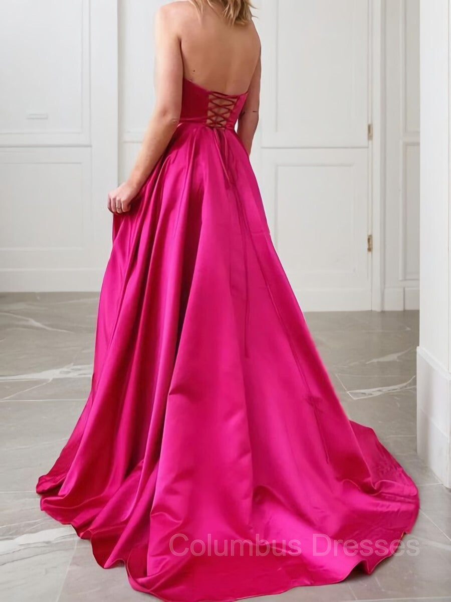 Backless Dress, A-Line/Princess Strapless Sweep Train Satin Prom Dresses With Leg Slit