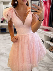 Homecoming Dresses Chiffon, A-Line/Princess V-neck Short/Mini Homecoming Dresses With Ruffles