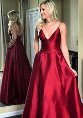 Prom Dresses Elegent, A-line/Princess V Neck Sleeveless Sweep Train Satin Prom Dresses