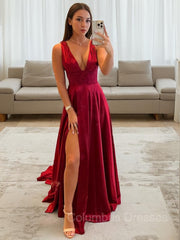 Homecoming Dress Pockets, A-Line/Princess V-neck Sweep Train Elastic Woven Satin Evening Dresses With Leg Slit