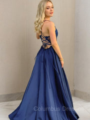 Prom Dresses2041, A-Line/Princess V-neck Sweep Train Elastic Woven Satin Prom Dresses With Leg Slit