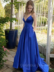 Evening Dress Vintage, A-Line/Princess V-neck Sweep Train Satin Prom Dresses With Pockets