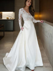 Wedsing Dresses Lace, A-Line/Princess V-neck Sweep Train Satin Wedding Dresses With Appliques Lace