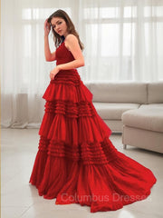 Prom Dress Shops, A-Line/Princess V-neck Sweep Train Tulle Prom Dresses With Leg Slit