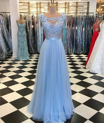 Homecomming Dresses Blue, A Line Round Neck Blue Lace Appliques Tulle Long Prom Dresses, Blue Lace Graduation Dresses, Blue Evening Formal Dresses