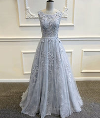 Evening Dresses Online, A Line Round Neck Lace Grey Prom Dresses, Lace Grey Formal Dresses