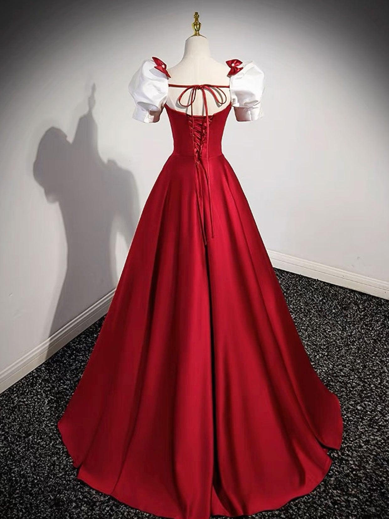 Homecoming Dress Long, A-Line Satin Burgundy Long Prom Dresses, Puffy Sleeve Formal Evening Dress