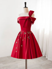 Evening Dresses Dresses, A-Line Satin Burgundy Short Prom Dress, Burgundy Homecoming Dress with Beading