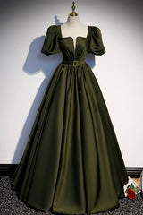 Party Fitness, A-Line Satin Long Prom Dress, Dark Green Short Sleeve Evening Graduation Dress