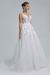 Wedding Dresses Princesses, A-LINE SHEER STRAPS V-NECK TULLE APPLIQUE FLOOR-LENGTH SLEEVELESS WEDDING DRESSES