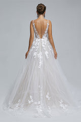 Wedsing Dress Princess, A-LINE SHEER STRAPS V-NECK TULLE APPLIQUE FLOOR-LENGTH SLEEVELESS WEDDING DRESSES