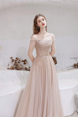 Prom Dresses With Shorts Underneath, A-Line Strapless Off The Shoulder Lace Up Beading Tulle Long Prom Dresses