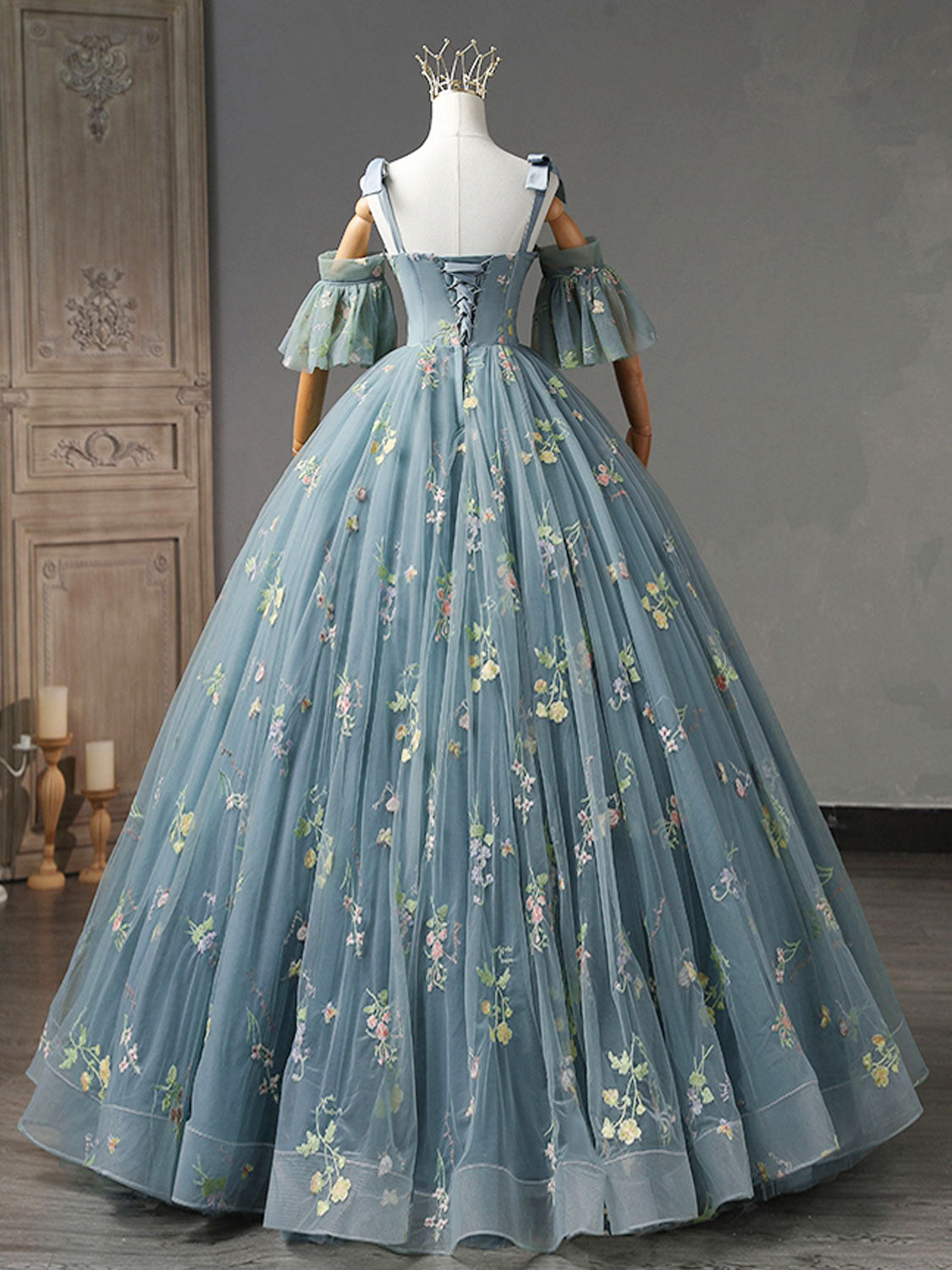 Evening Dresses Green, A-Line Sweetheart Neck Lace Gray Blue Long Prom Dress, Gray Blue Sweet 16 Dress