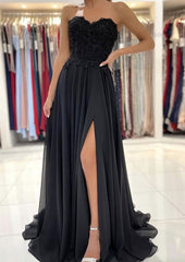 Prom Dress Chiffon, A-line Sweetheart Sweep Train Chiffon Prom Dress With Lace Beading Split