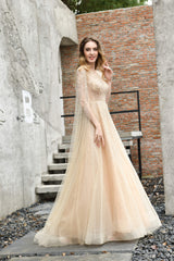 Bridesmaid Dresses Satin, A-Line Tulle Beading Handwork Long Sleeves Prom Dresses