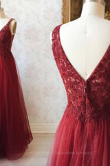 Glam Dress, A Line V Neck and V Back Long Beading Lace Burgundy Prom Dress, Lace Burgundy Formal Graduation Evening Dress