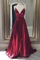 Formals Dresses Long, A Line V Neck Backless Burgundy Long Prom Dresses, Backless Burgundy Formal Graduation Evening Dresses