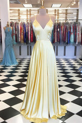 Prom Dresses Long Beautiful, A Line V Neck Backless Yellow Satin Long Prom Dresses, Yellow Backless Formal Dresses, Yellow Evening Dresses