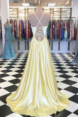 Prom Dress Long Beautiful, A Line V Neck Backless Yellow Satin Long Prom Dresses, Yellow Backless Formal Dresses, Yellow Evening Dresses