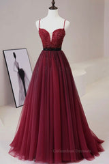 Prom Shoes, A Line V Neck Beaded Burgundy Tulle Long Prom Dress, Beaded Burgundy Formal Graduation Evening Dress