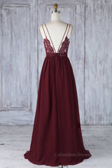 Party Dresses Short Clubwear, A Line V Neck Burgundy Chiffon Long Prom Dress with Lace Back, V Neck Lace Back Burgundy Formal Graduation Evening Dress