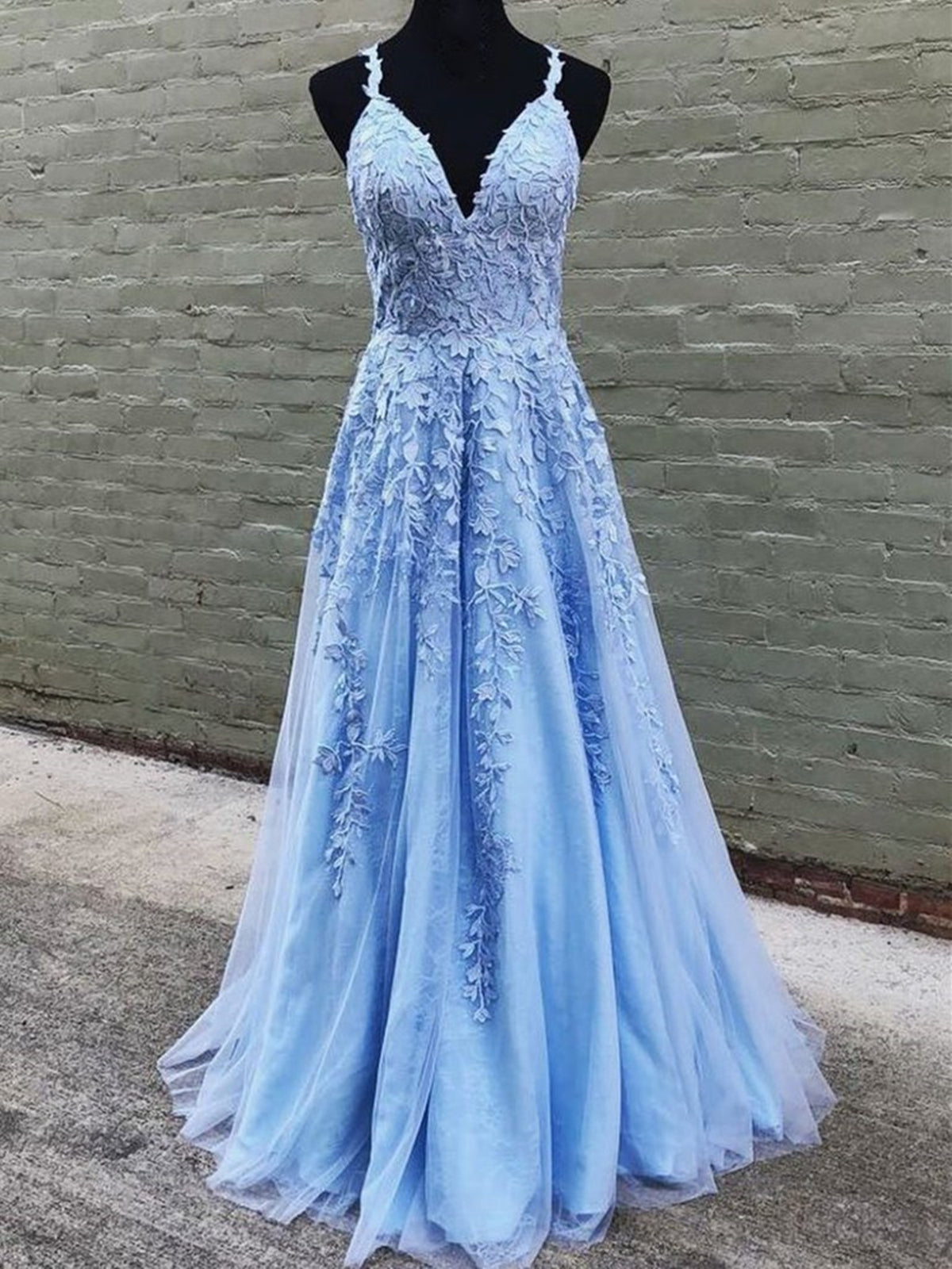 Party Dresses Outfits Ideas, A Line V Neck Light Blue Lace Prom Dresses, V Neck Light Blue Lace Formal Evening Dresses