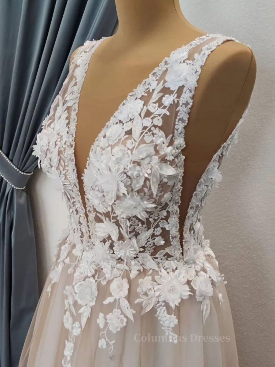 Wedding Dresses For Brides, A Line V Neck Long Champagne Lace Wedding Dresses, Champagne Lace Long Formal Prom Dresses