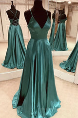 Formal Dresses Wedding, A Line V Neck Open Back Emerald Green Satin Long Prom Dress, Backless Emerald Green Formal Graduation Evening Dress